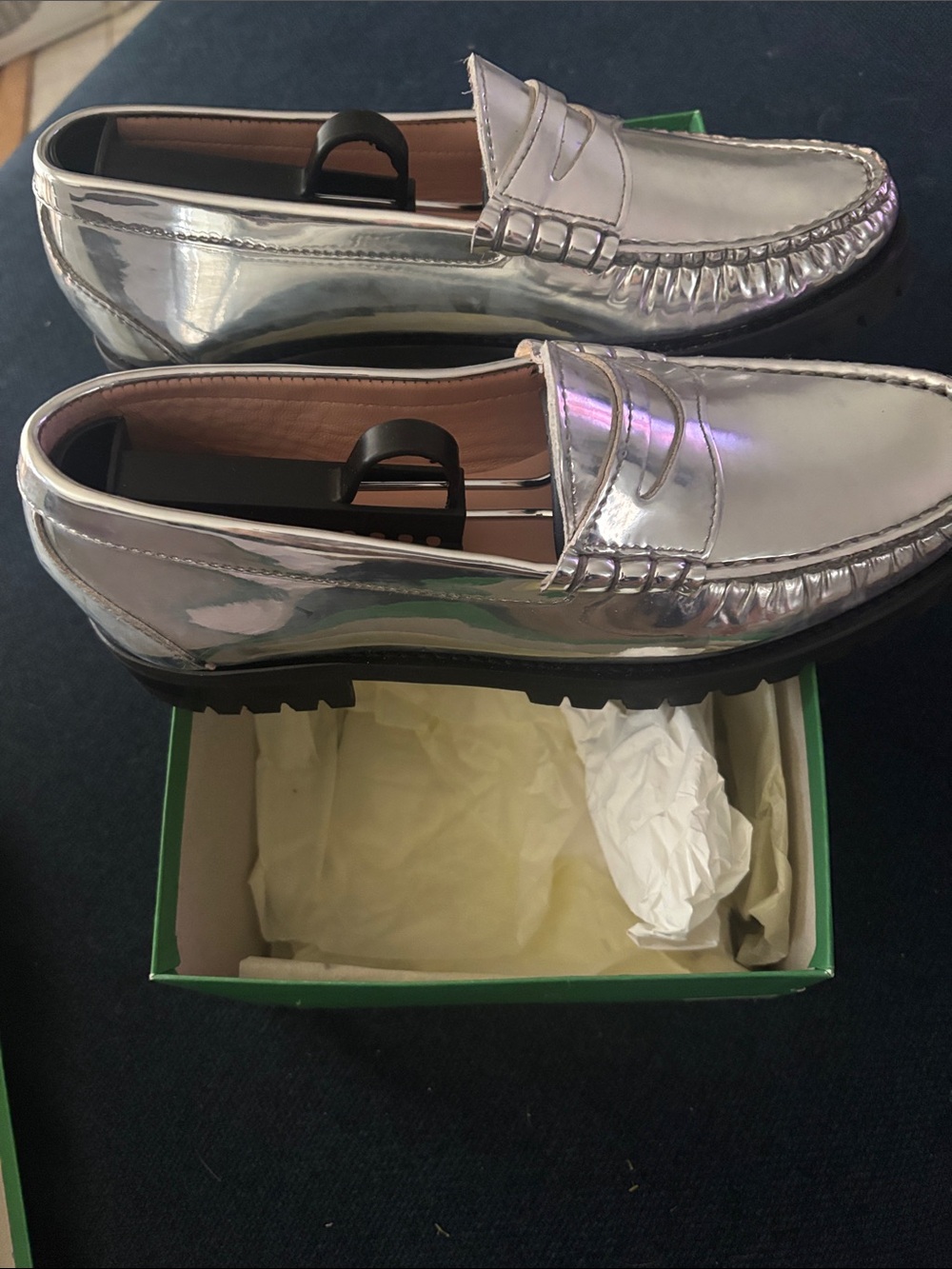 Women’s J. Crew Silver Metallic Penny Loafers size 7.5